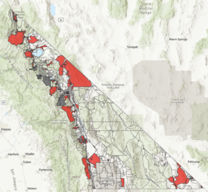 Map of Inyo and Mono Counties - Red layer depicts areas that are eligible for State grant programs. Auction 903 and 904 layers are off.